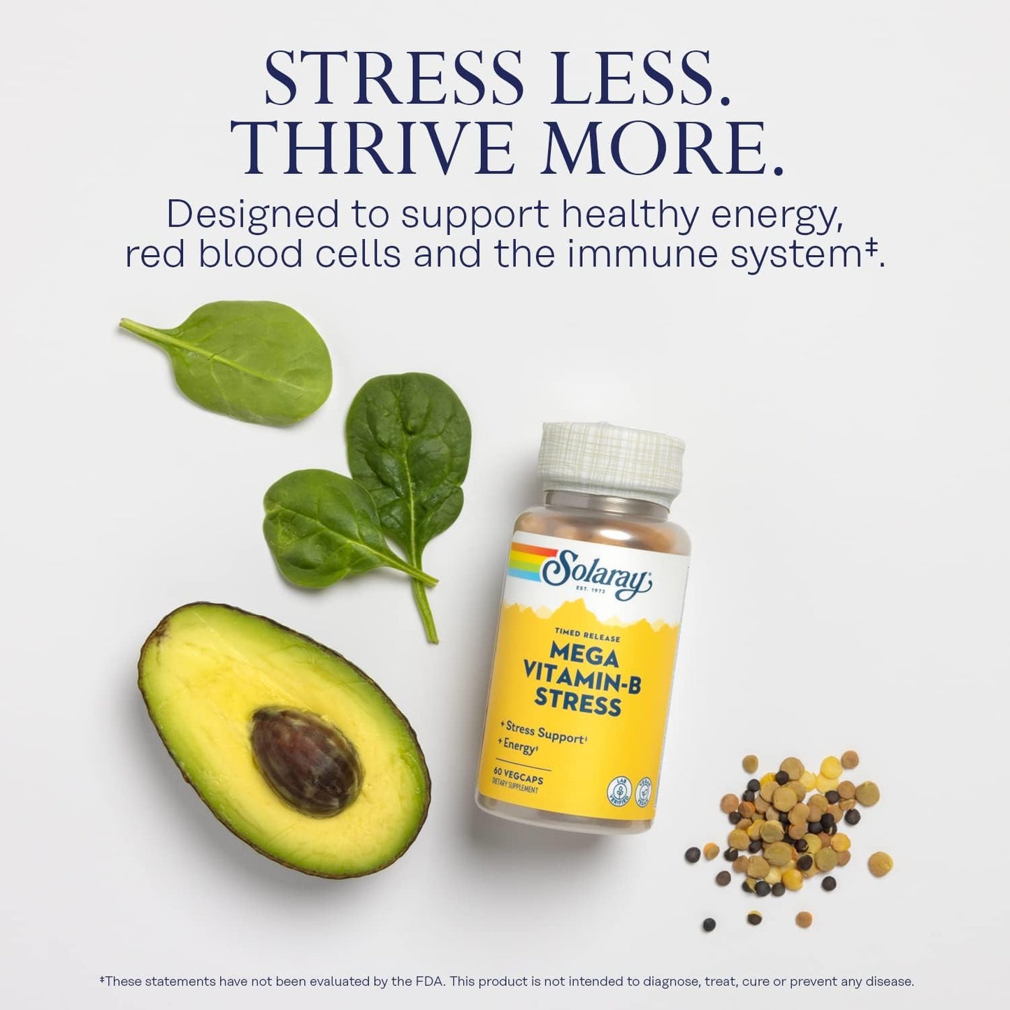 Solaray Mega Vitamin B-Stress with 1000mg Vitamin C - Timed-Release B Complex for Energy & Immune Support - Vegan - 60 VegCaps - 60 Day Guarantee