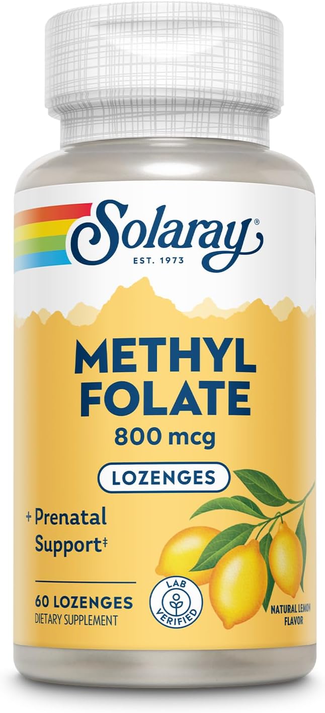 Solaray Methyl Folate 800 mcg with 470 mcg Folic Acid for Prenatal Vitamins - Natural Lemon Flavor - Lab Verified - 60 Servings