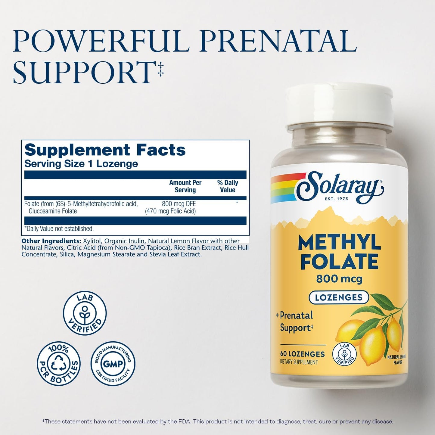 Solaray Methyl Folate 800 mcg with 470 mcg Folic Acid for Prenatal Vitamins - Natural Lemon Flavor - Lab Verified - 60 Servings