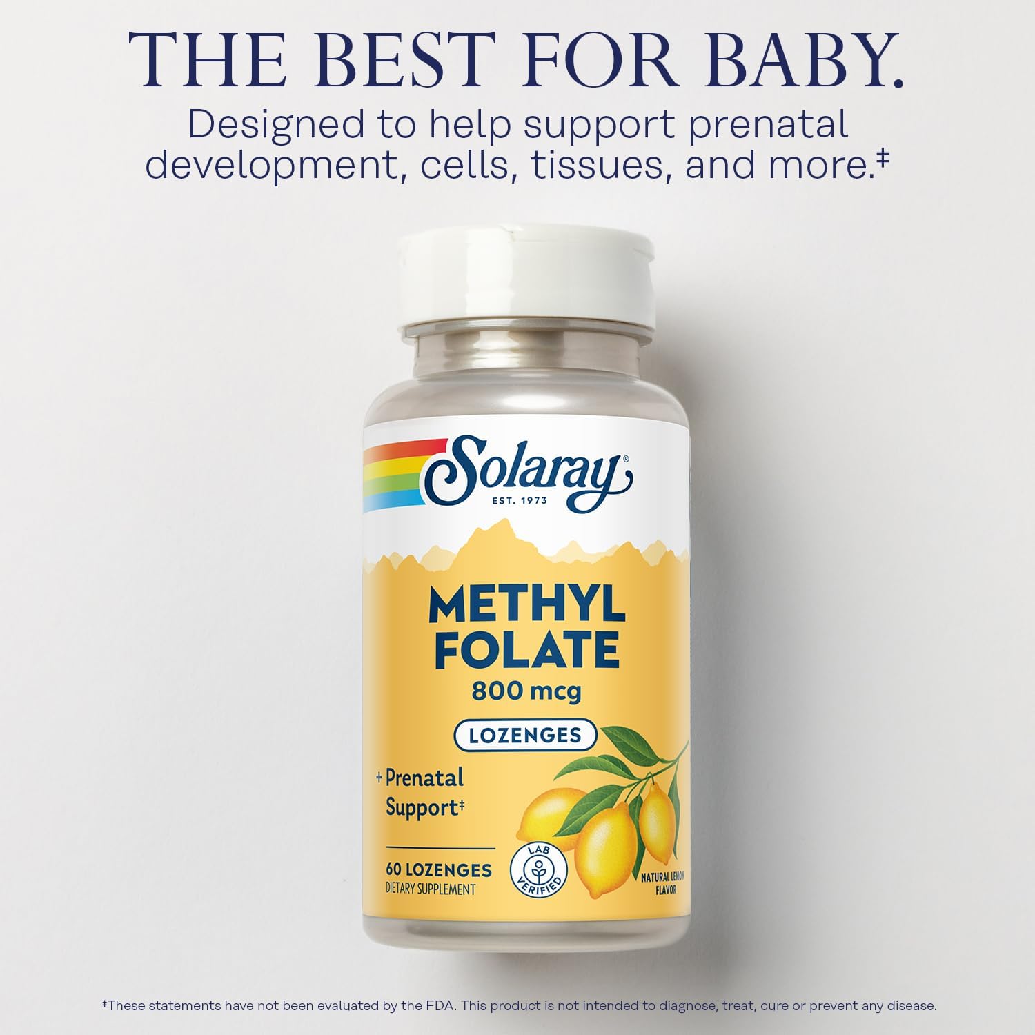 Solaray Methyl Folate 800 mcg with 470 mcg Folic Acid for Prenatal Vitamins - Natural Lemon Flavor - Lab Verified - 60 Servings