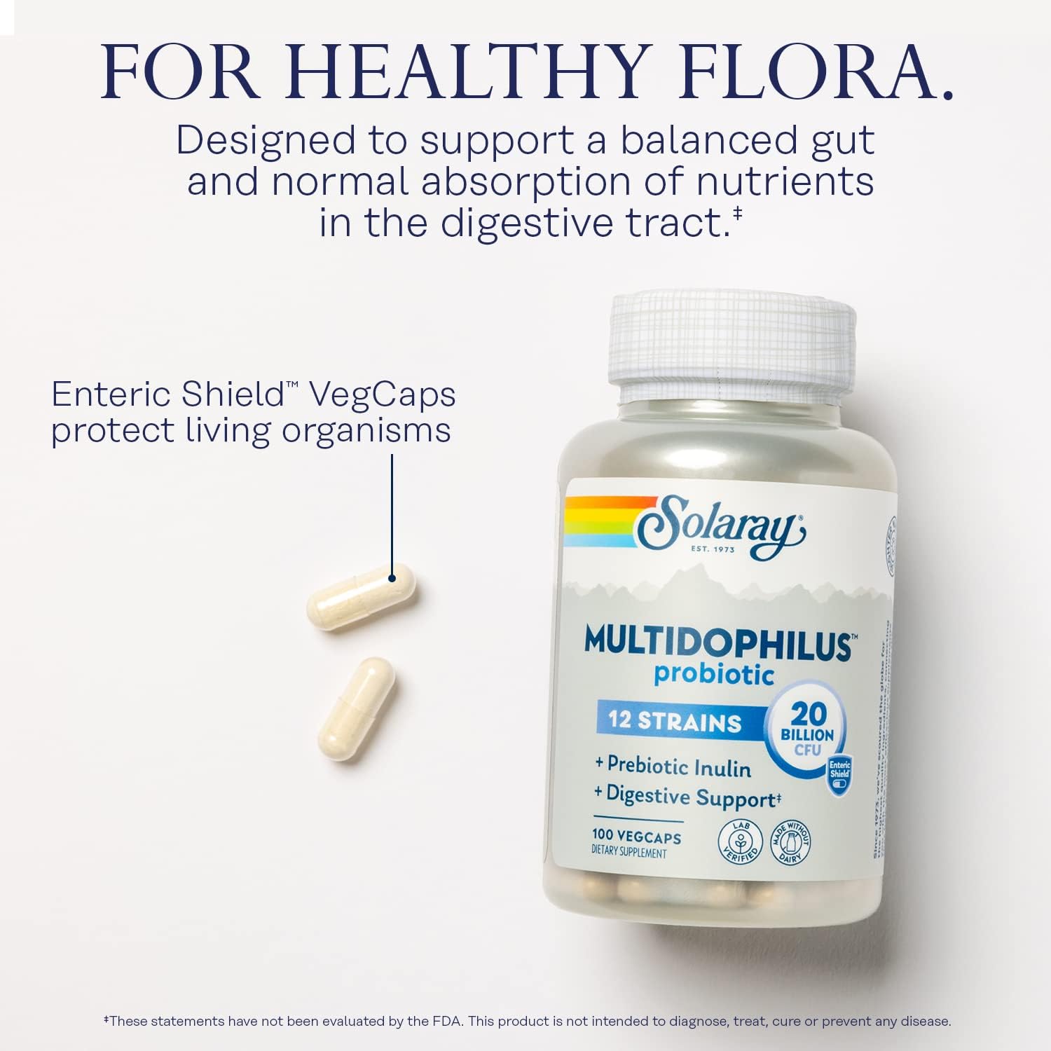 SOLARAY Multidophilus 12 Strain Probiotic - 20 Billion CFU, Digestive and Gut Health Support - 100 VegCaps, Dairy-Free