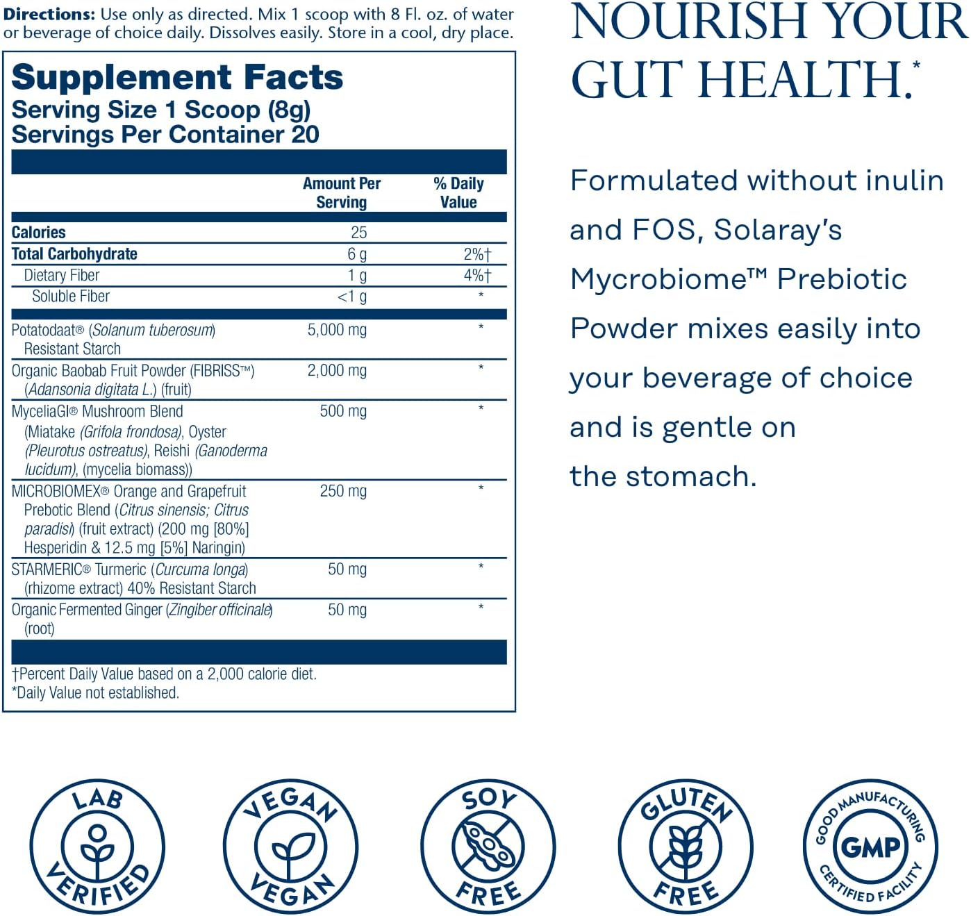 SOLARAY Mycrobiome Prebiotic Powder - Digestive Nutritional Supplement for Colon & Gut Health - Citrus Flavor - 20 Servings
