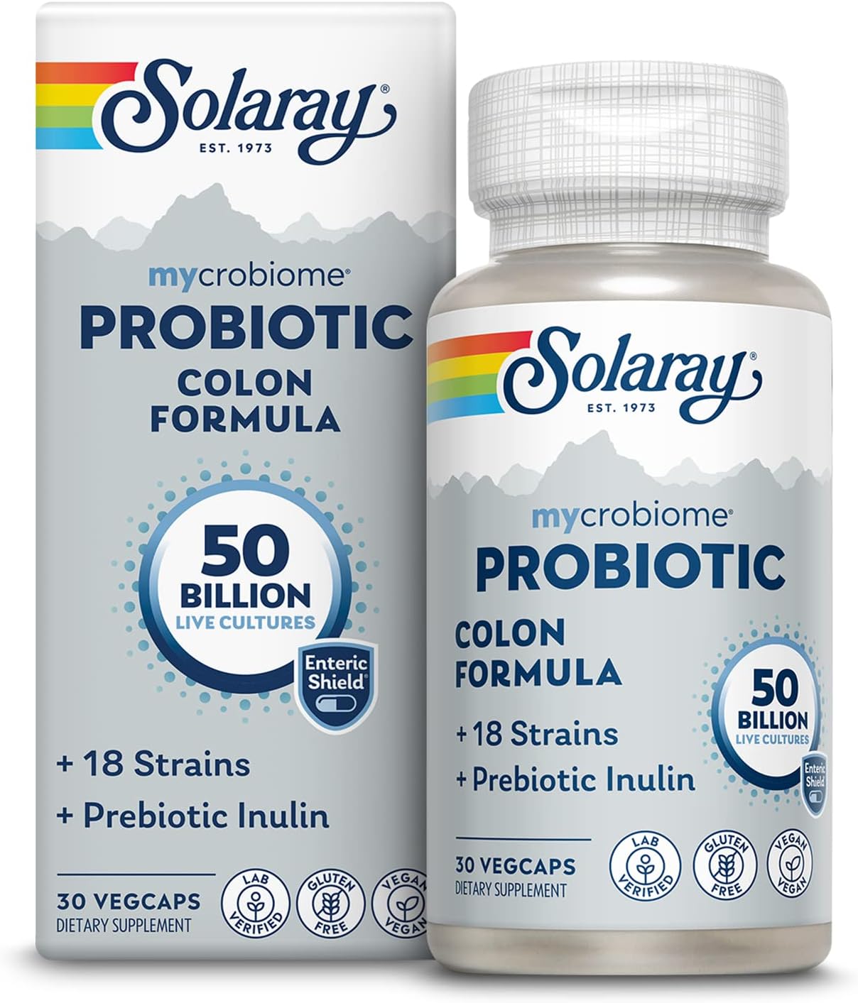 SOLARAY Mycrobiome Probiotic Colon Formula: Vegan, 50 Billion CFU, 18 Strains, Prebiotic Inulin - Supports Digestive, Colon, and Immune Health - 30 VegCaps