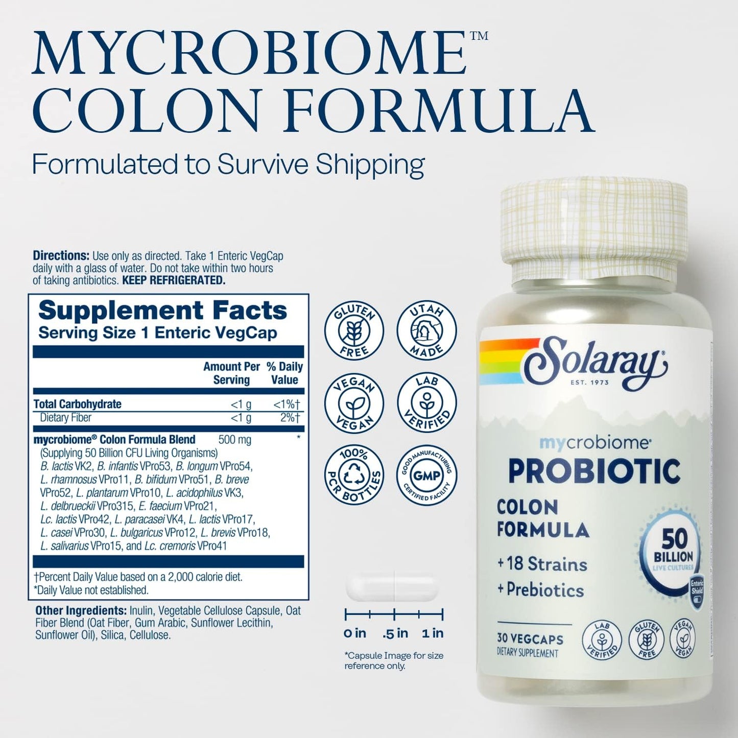 SOLARAY Mycrobiome Probiotic Colon Formula: Vegan, 50 Billion CFU, 18 Strains, Prebiotic Inulin - Supports Digestive, Colon, and Immune Health - 30 VegCaps