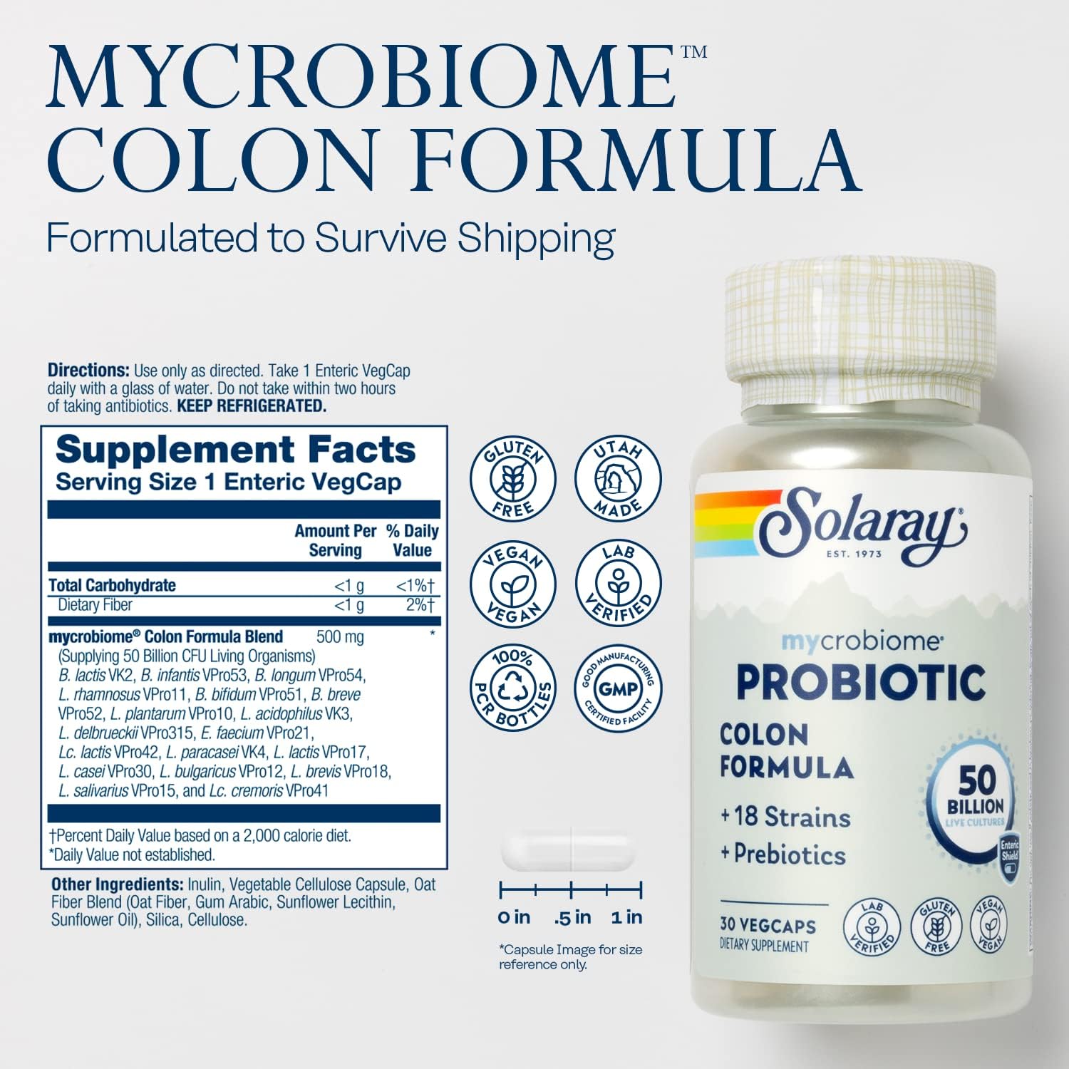 SOLARAY Mycrobiome Probiotic Colon Formula: Vegan, 50 Billion CFU, 18 Strains, Prebiotic Inulin - Supports Digestive, Colon, and Immune Health - 30 VegCaps