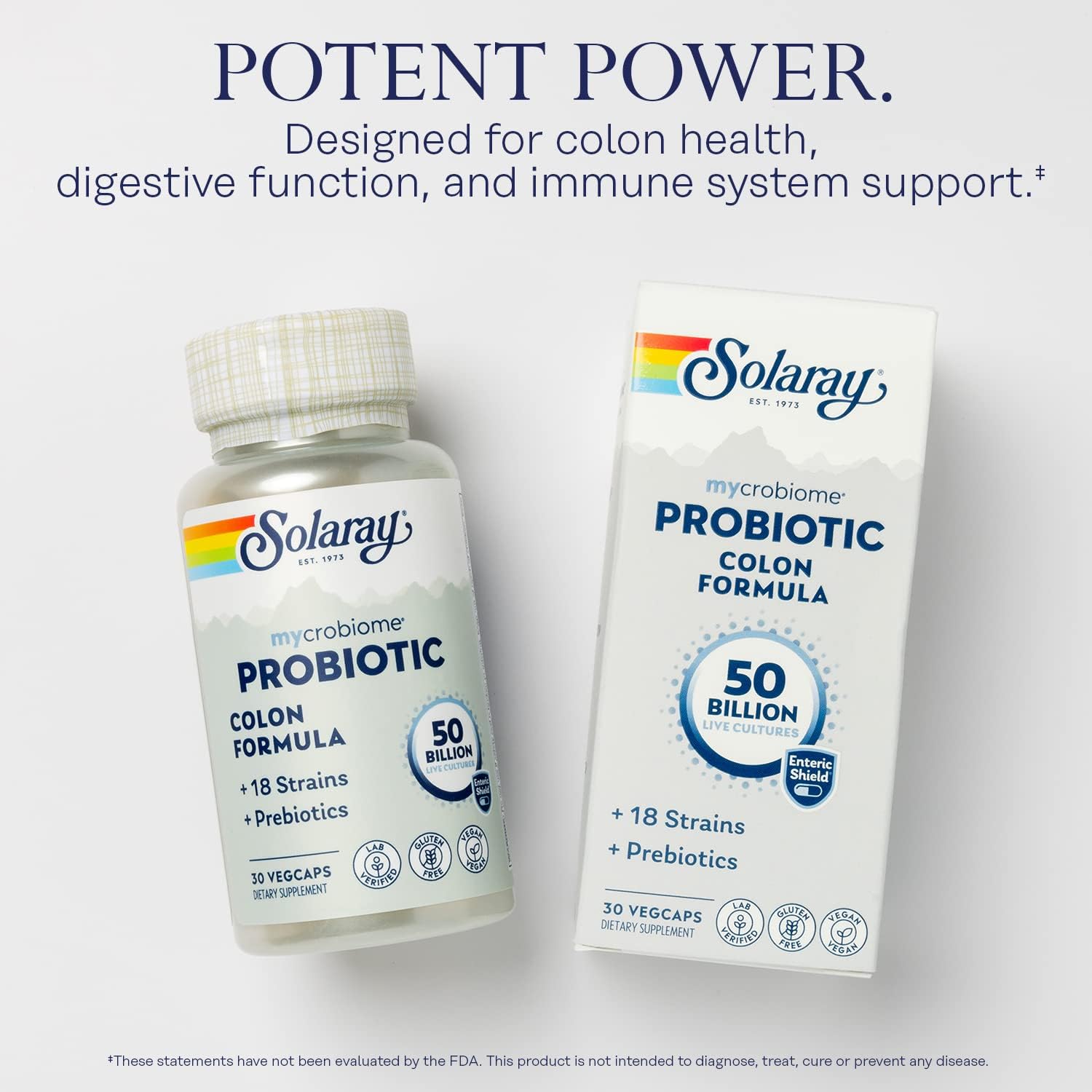 SOLARAY Mycrobiome Probiotic Colon Formula: Vegan, 50 Billion CFU, 18 Strains, Prebiotic Inulin - Supports Digestive, Colon, and Immune Health - 30 VegCaps