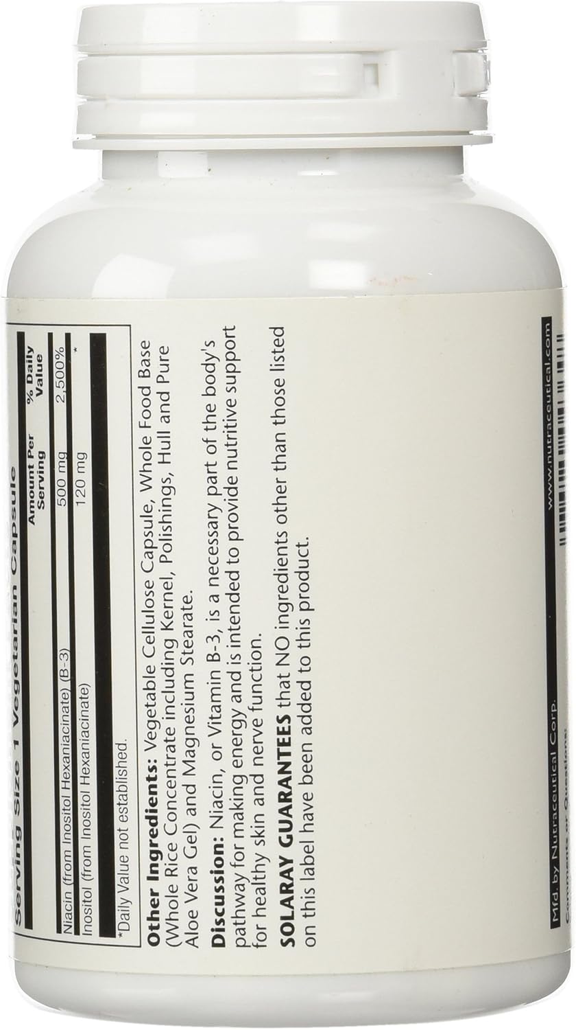 Solaray No Flush Niacin 500mg - 100 Capsules for Heart Health and Energy Boost