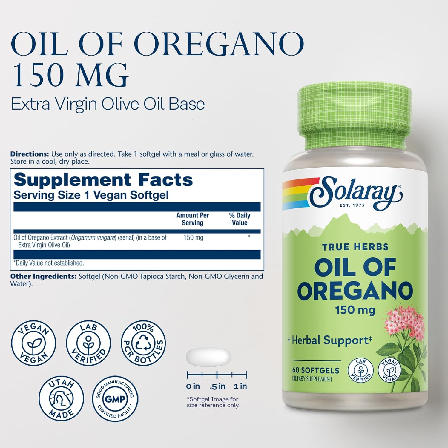 Solaray Oil of Oregano Softgels 150 mg - Vegan Oregano Oil Supplement with Extra Virgin Olive Oil - Supports Wellness & Digestion - 60 Softgels, 60 Servings - 60-Day Guarantee