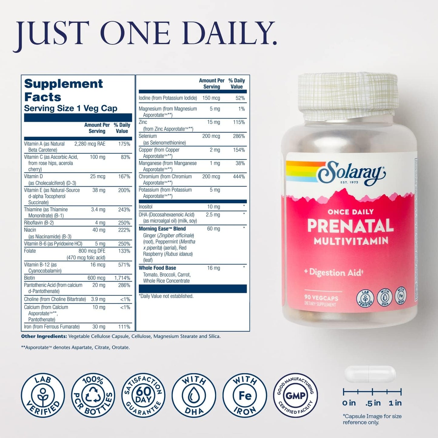 Solaray Once Daily Prenatal Multivitamin with Iron, DHA, and Digestion Aid - 90 Servings, 90 VegCaps