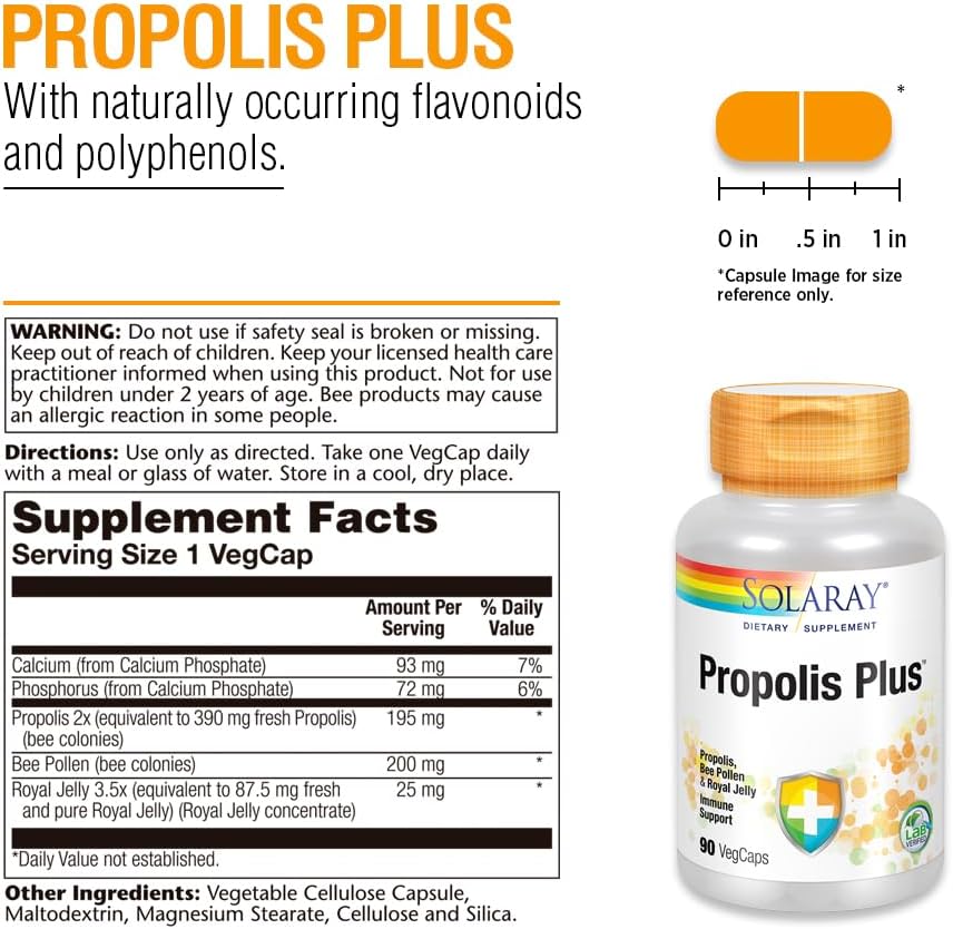 Solaray Propolis Plus Capsules - Immune System Support with Bee Propolis, Pollen, Royal Jelly - 90 VegCaps