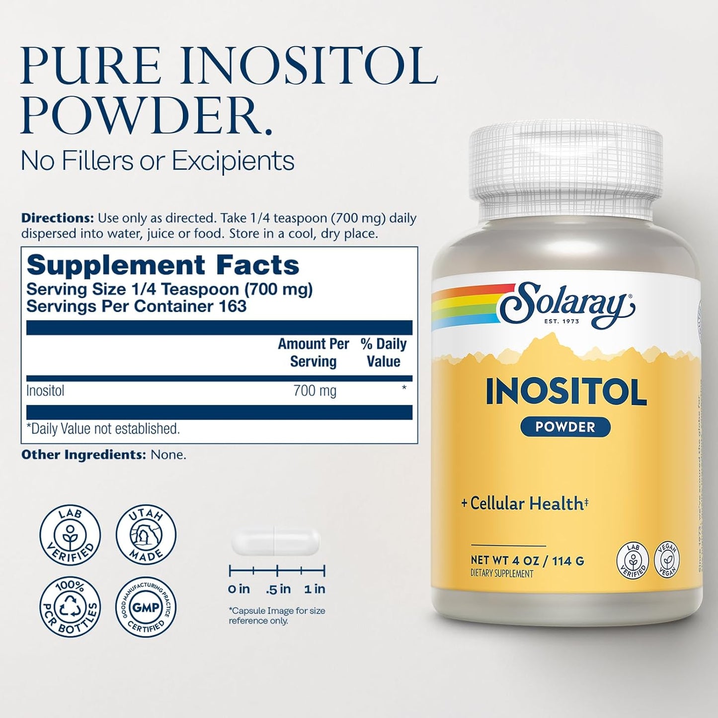 SOLARAY Pure Inositol Powder - Supports Brain, Cardiovascular & Nervous System Function - Non-GMO, Vegan (4oz)