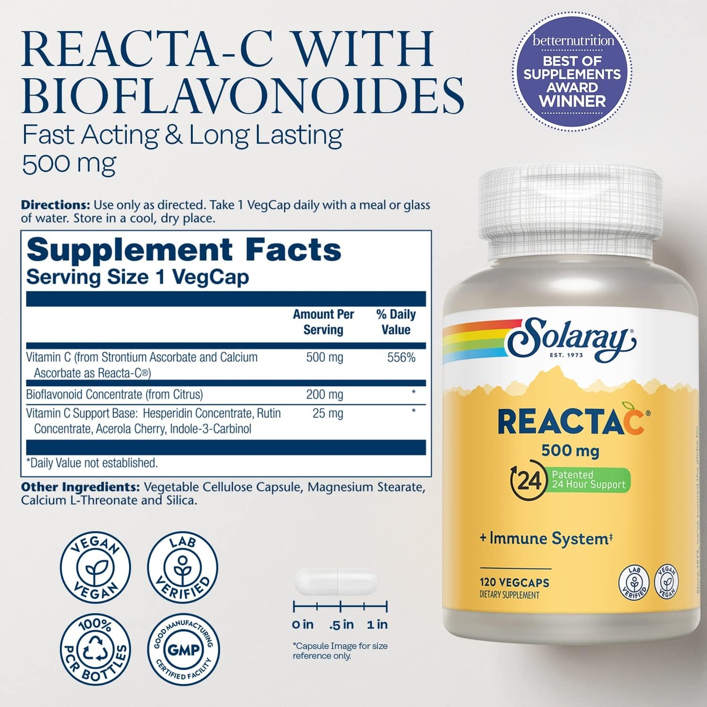 Solaray Reacta-C: 500mg Vitamin C + Bioflavonoids, Immune System Defense Supplement - 120 Capsules
