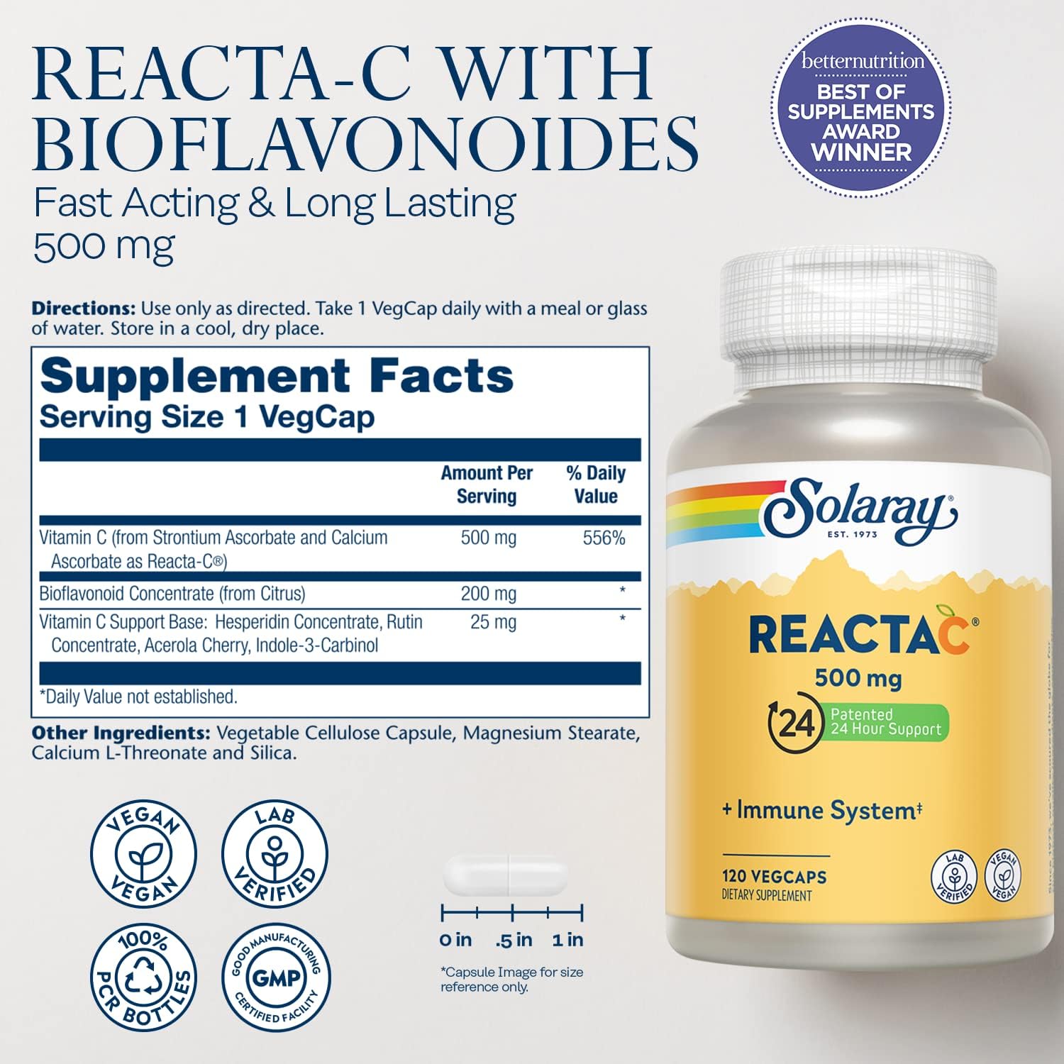 Solaray Reacta-C: 500mg Vitamin C + Bioflavonoids, Immune System Defense Supplement - 120 Capsules