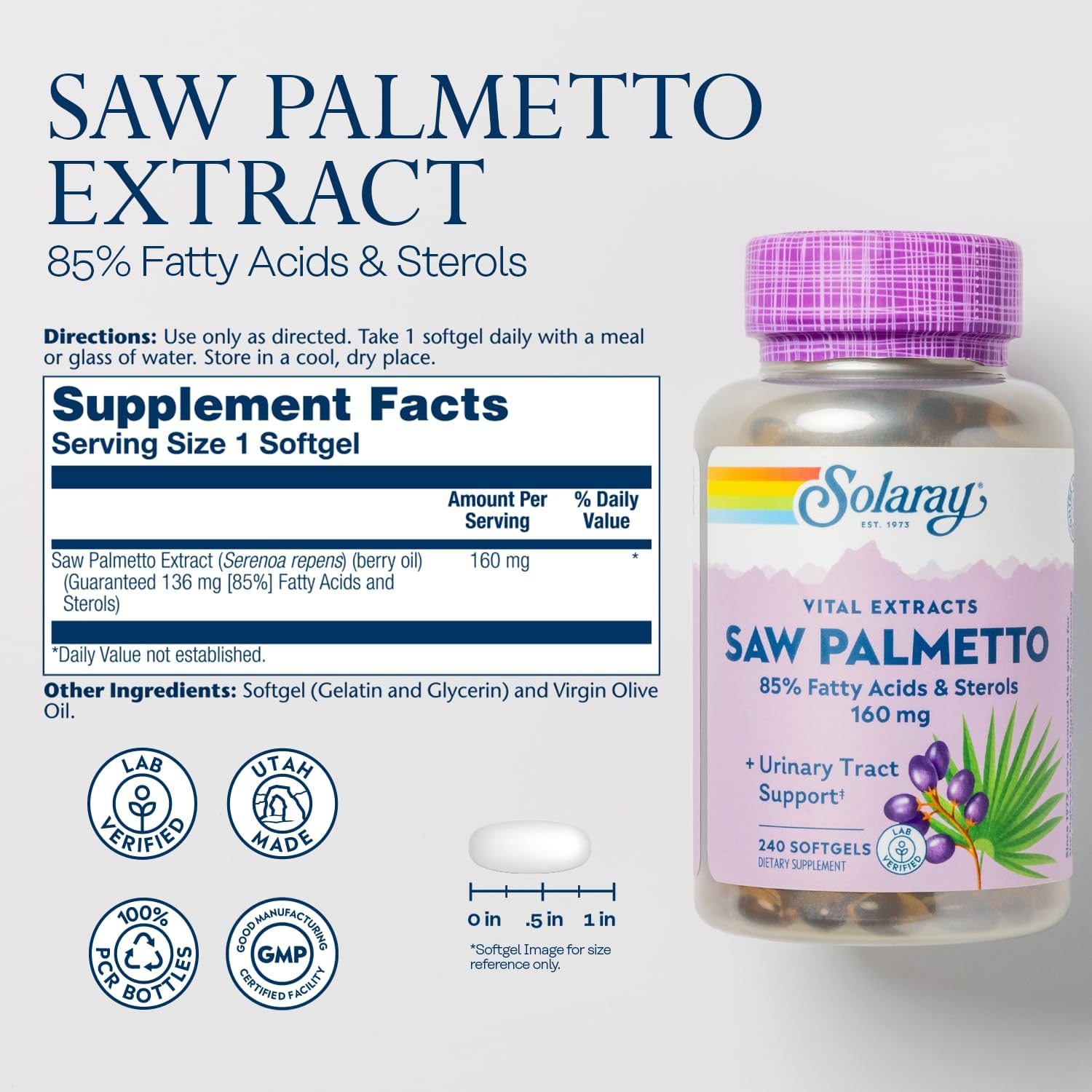 Solaray Saw Palmetto Extract Softgels - Supports Prostate Health & Urinary Tract - 136mg Fatty Acids - Lab Verified - 240 Servings