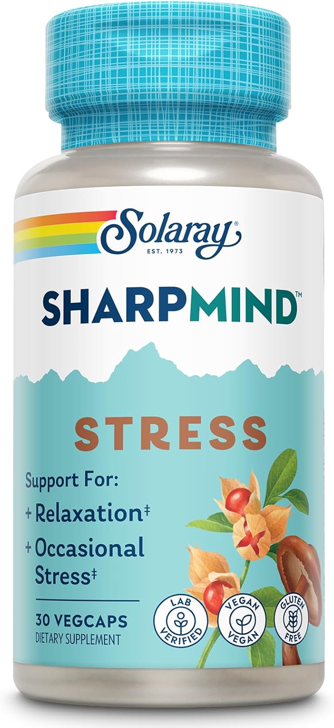 Solaray SharpMind Stress Nootropic Mood Support Supplement with Ashwagandha & L-Theanine, Relaxation & Stress Relief, 30 VegCaps, 60 Day Guarantee