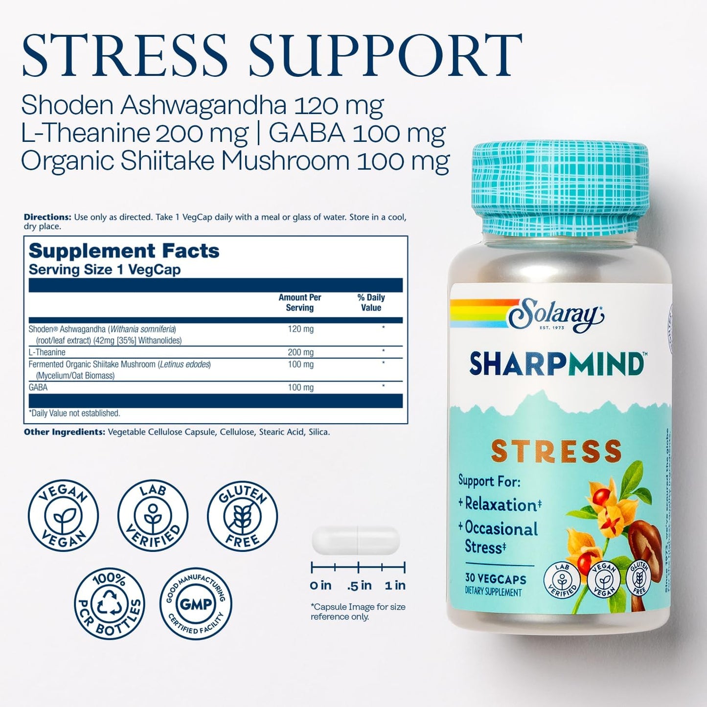 Solaray SharpMind Stress Nootropic Mood Support Supplement with Ashwagandha & L-Theanine, Relaxation & Stress Relief, 30 VegCaps, 60 Day Guarantee