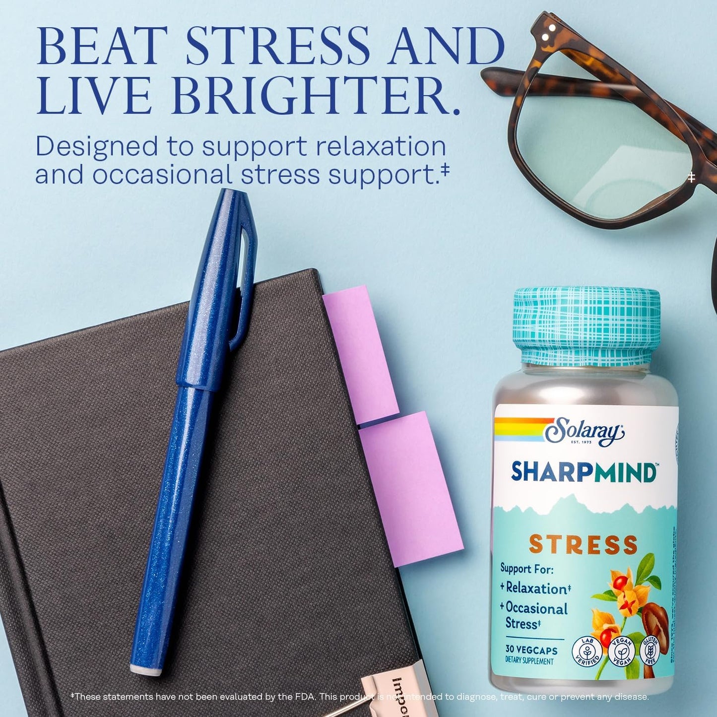 Solaray SharpMind Stress Nootropic Mood Support Supplement with Ashwagandha & L-Theanine, Relaxation & Stress Relief, 30 VegCaps, 60 Day Guarantee