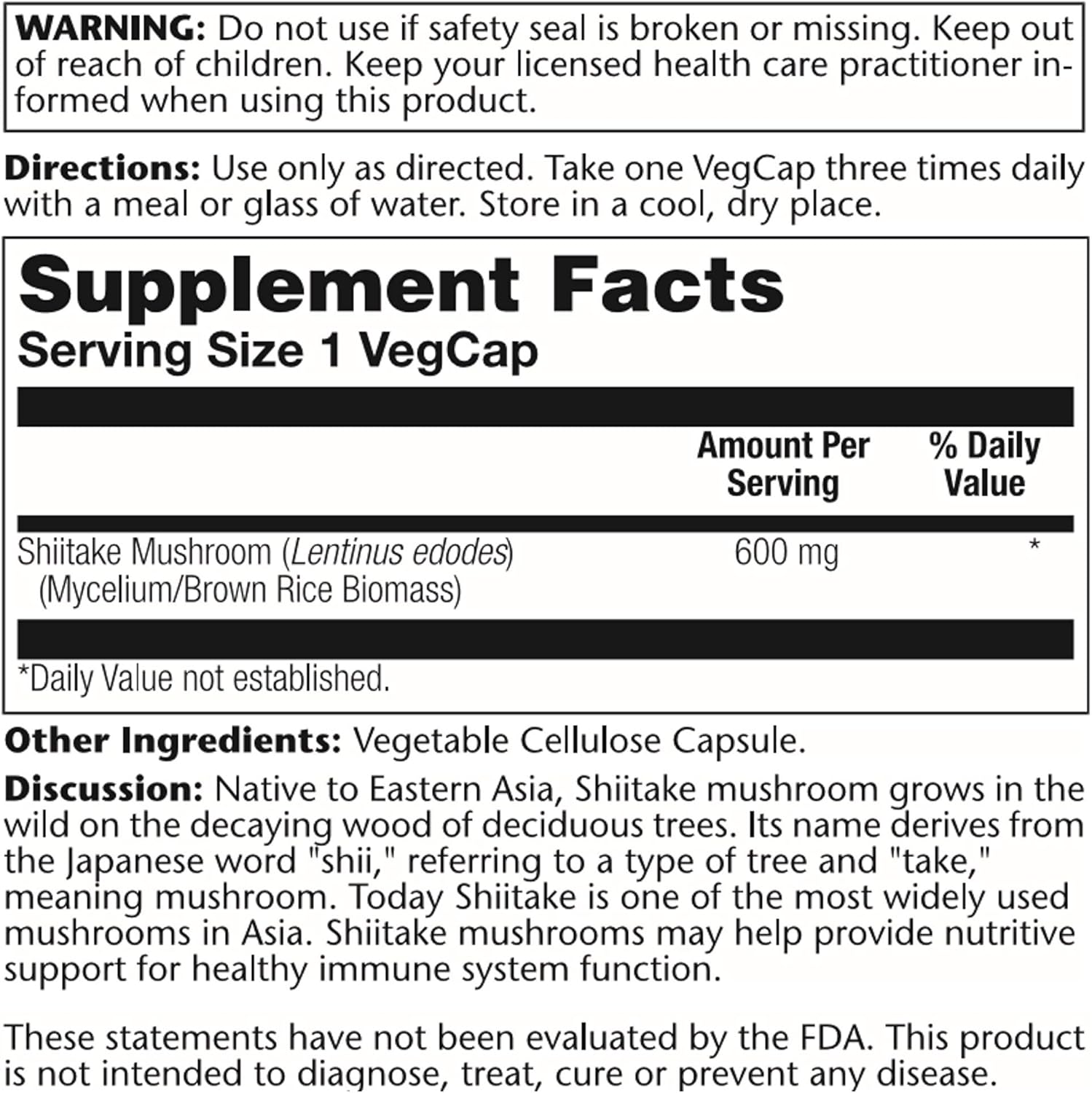 Solaray Shiitake Mushroom Capsules - 600 mg, 100ct - Immune Support Supplement