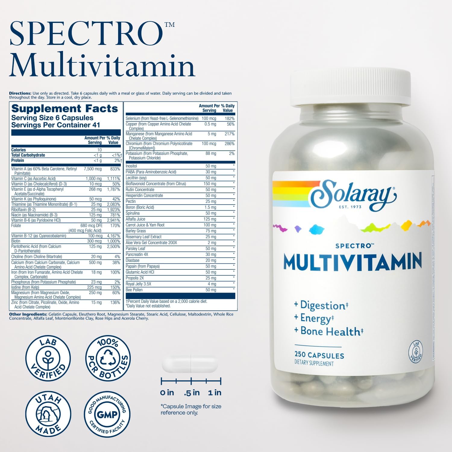 Solaray Spectro Multivitamin with Iron - Complete Multivitamin for Digestion, Energy, and Bone Health - Includes Calcium, Magnesium, Greens, Herbs, and Enzymes - 41 Servings, 250 Count