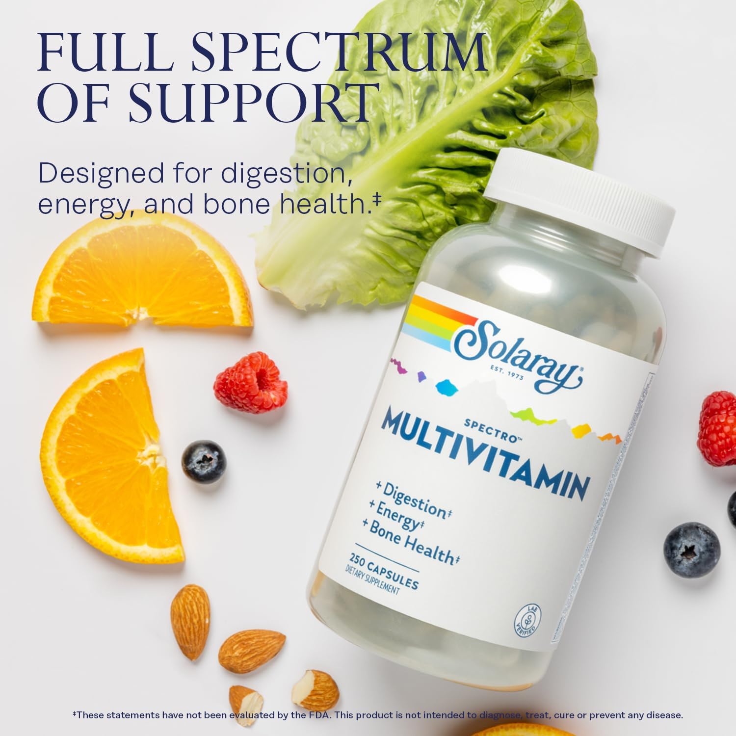 Solaray Spectro Multivitamin with Iron - Complete Multivitamin for Digestion, Energy, and Bone Health - Includes Calcium, Magnesium, Greens, Herbs, and Enzymes - 41 Servings, 250 Count