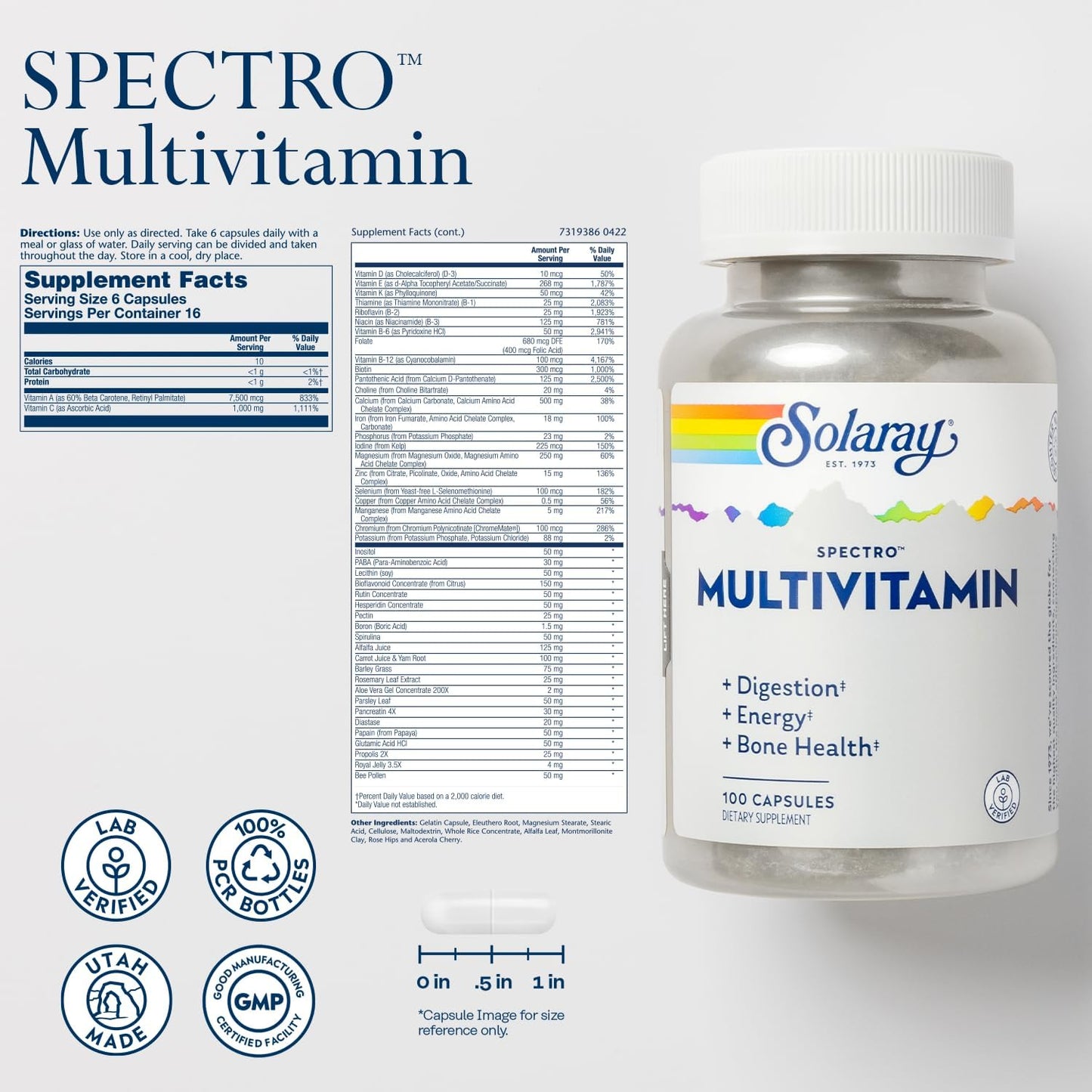 Solaray Spectro Multivitamin with Iron - Comprehensive Multivitamin for Digestion, Energy, and Bone Health Support - 100 Capsules