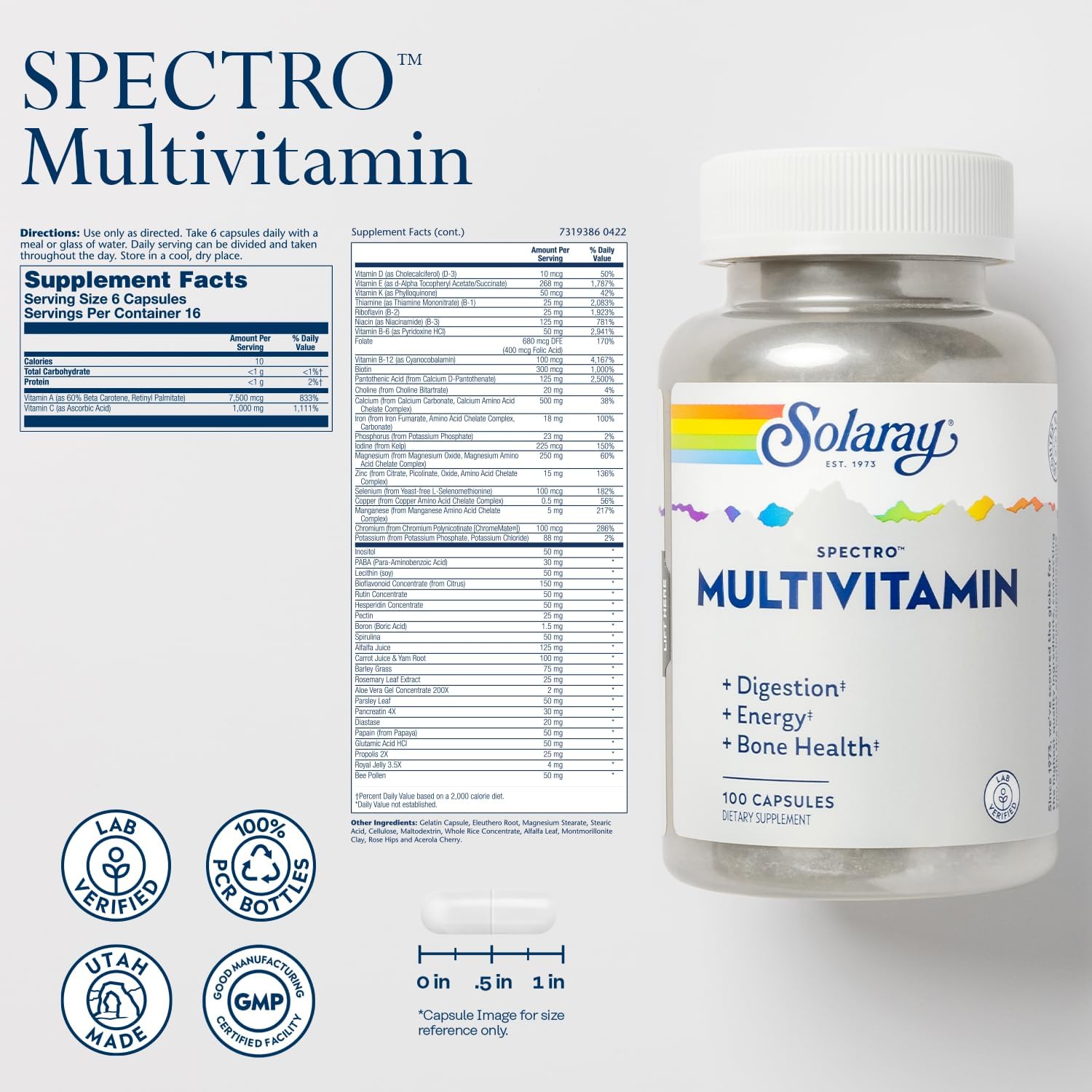 Solaray Spectro Multivitamin with Iron - Comprehensive Multivitamin for Digestion, Energy, and Bone Health Support - 100 Capsules