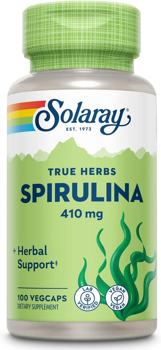 Solaray Spirulina Capsules - 410mg Algae Superfood for Energy & Health - 100 Count, 100 Servings