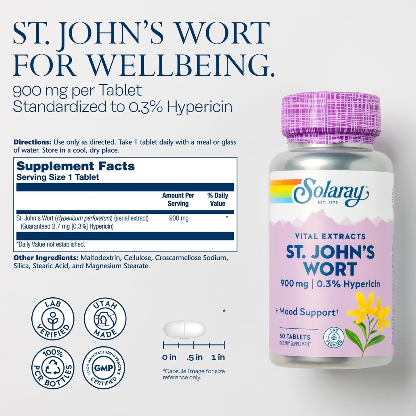 Solaray St. Johns Wort Aerial Extract 900mg - Mood & Brain Support - Non-GMO - 60 Tablets