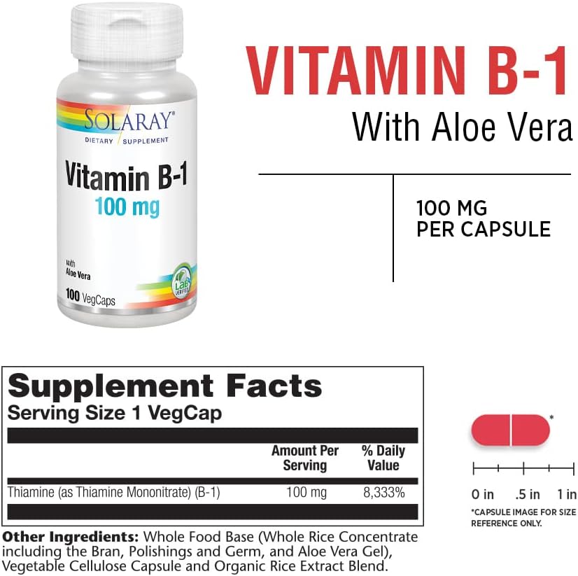 Solaray Vitamin B-1 100 mg Capsules for Energy, Skin, Brain, Heart, Nervous System - 100 VegCaps