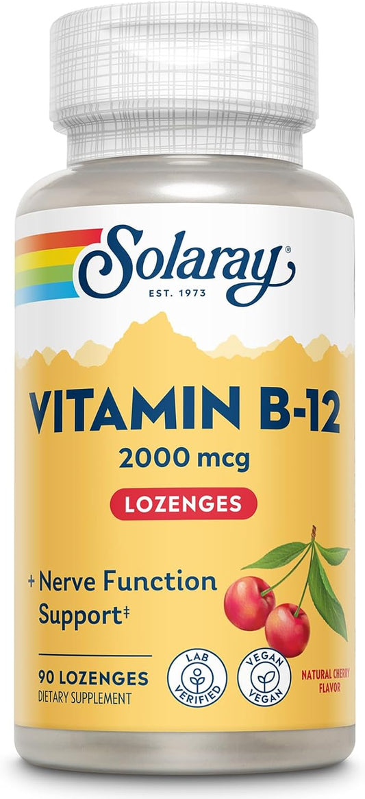 Solaray Vitamin B-12 2000 mcg Lozenges - Natural Cherry Flavor for Healthy Energy & Red Blood Cell Support - No Sugar - 90 Count