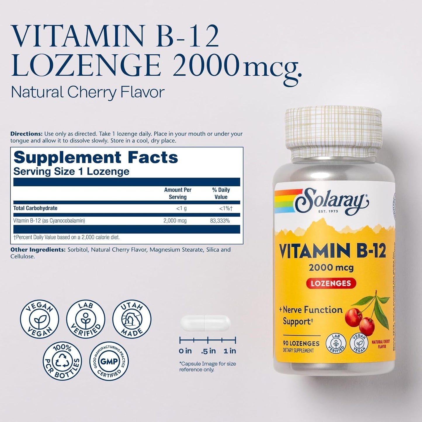 Solaray Vitamin B-12 2000 mcg Lozenges - Natural Cherry Flavor for Healthy Energy & Red Blood Cell Support - No Sugar - 90 Count