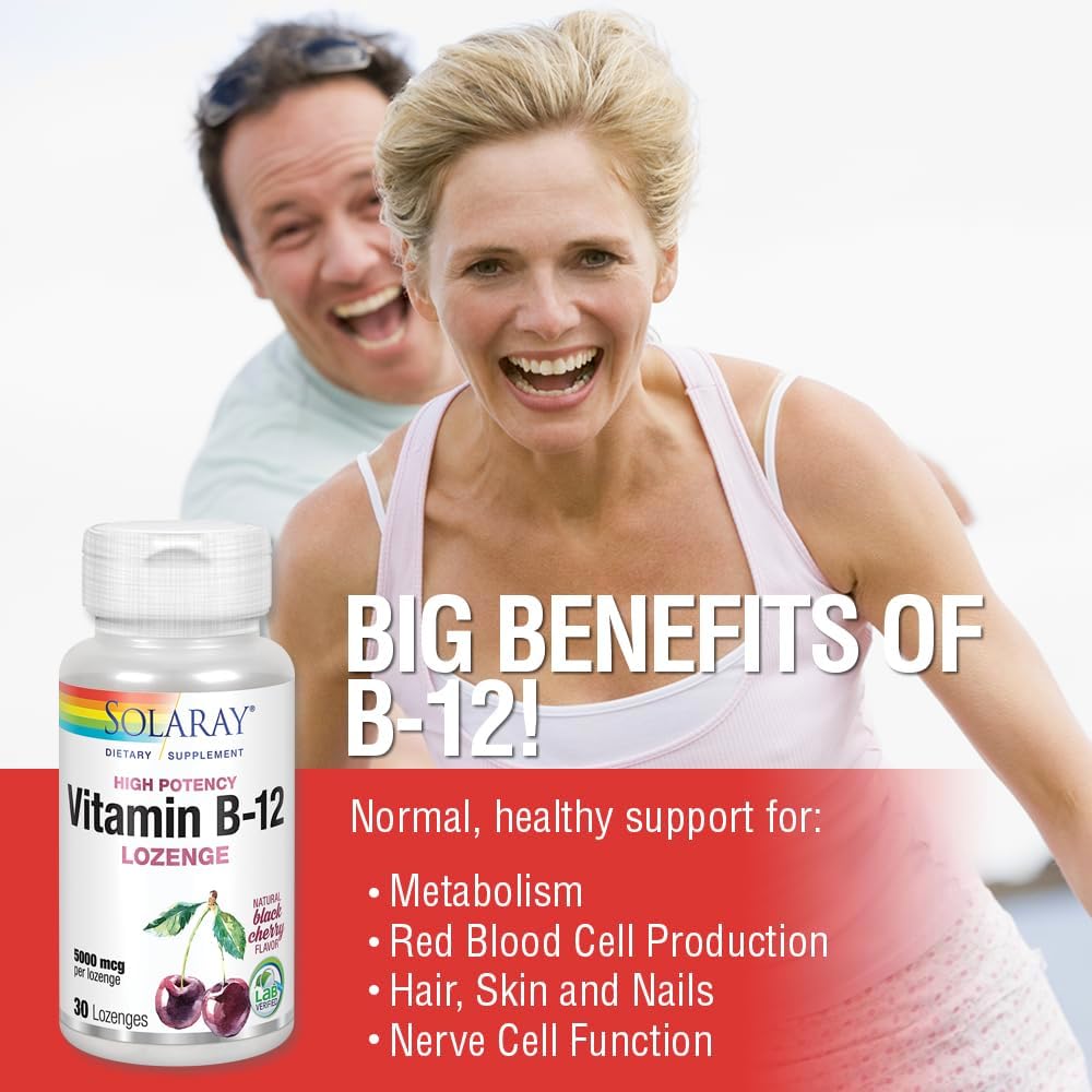 Solaray Vitamin B-12 5000mcg Lozenges with Natural Cherry Flavor - Supports Energy & Nerve Function - 30 Count
