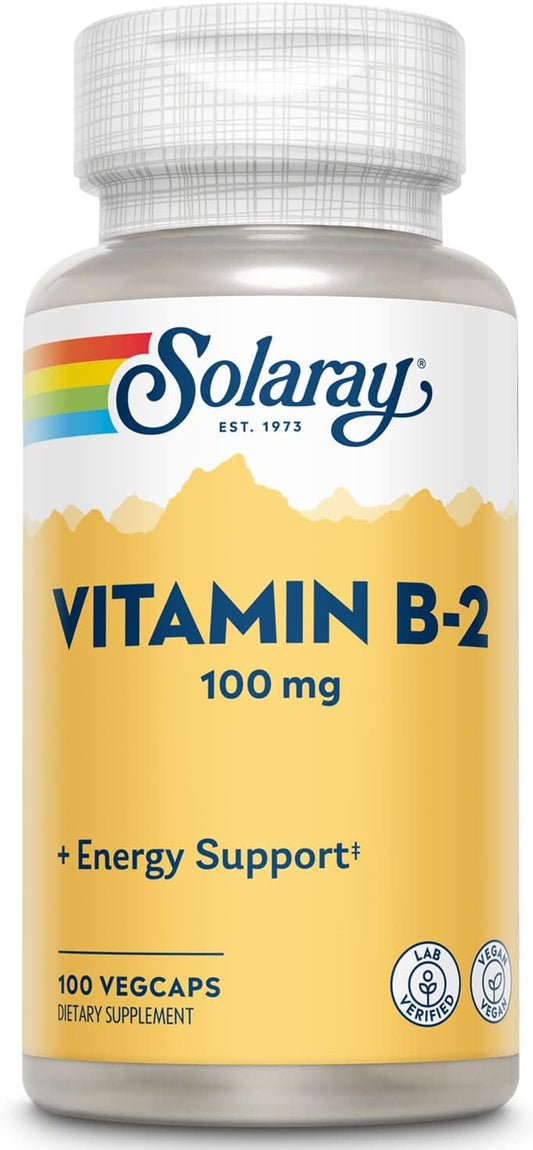 Solaray Vitamin B-2 Riboflavin 100 mg Capsules with Aloe Vera for Energy, Skin, Hair & Nails Support - 100 Count