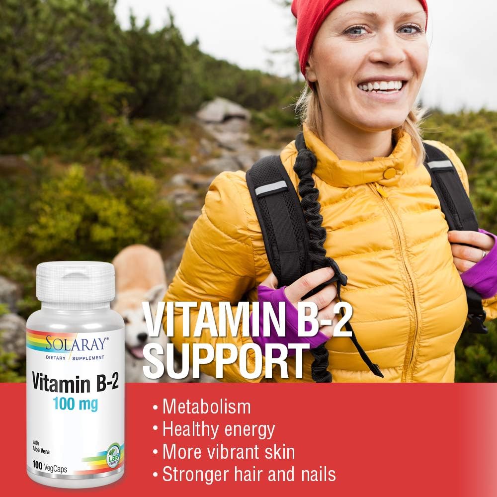 Solaray Vitamin B-2 Riboflavin 100mg Capsules with Aloe Vera for Energy Metabolism & Skin Health - 100 Count