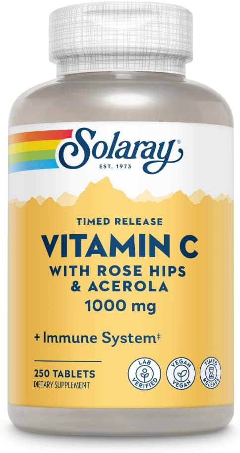 Solaray Vitamin C with Rose Hips and Acerola 1000mg Timed-Release Capsules for Immune Support, Skin Health, Non-GMO - 250 Count