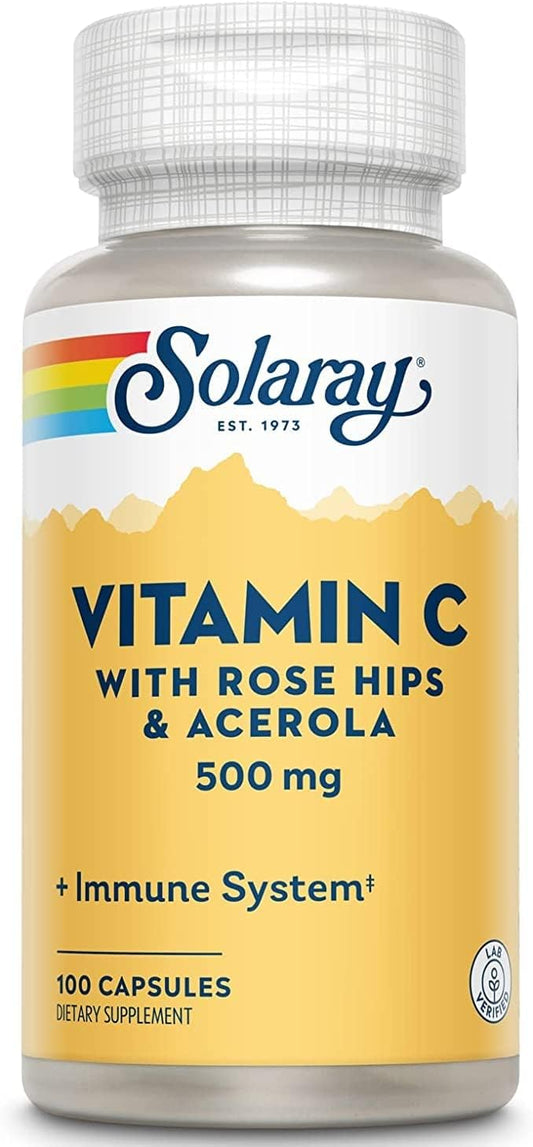 Solaray Vitamin C with Rose HIPS and Acerola 500mg Capsules - 100 Count (Pack of 2)
