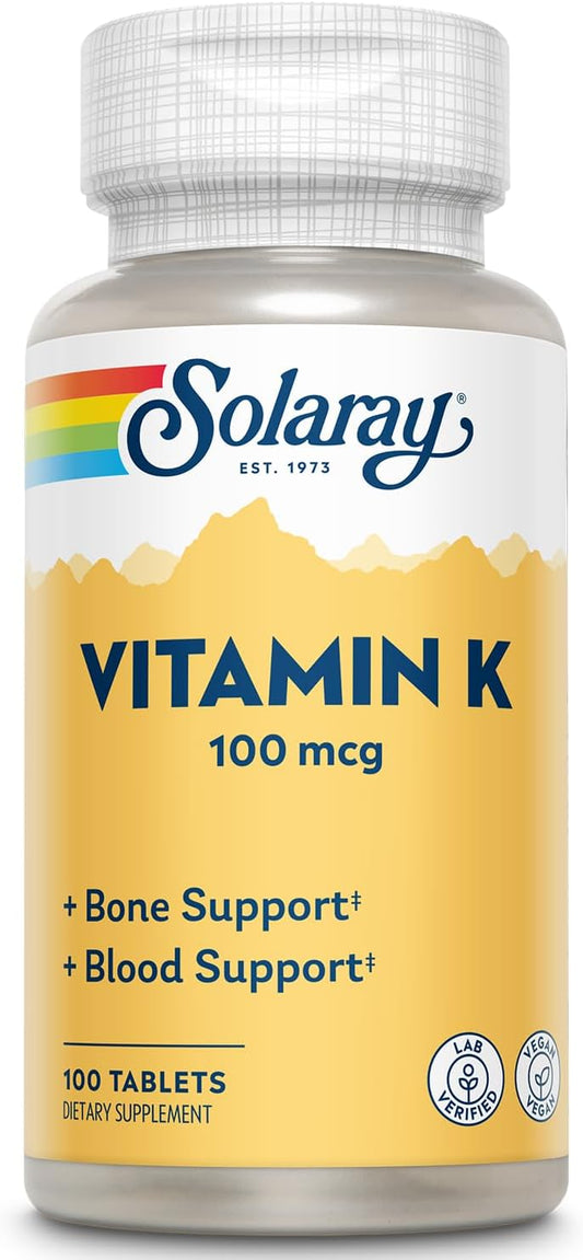 Solaray Vitamin K-1 100mcg Tablets for Bone Health, Blood Clotting & Protein Synthesis | Non-GMO, Vegan Formula