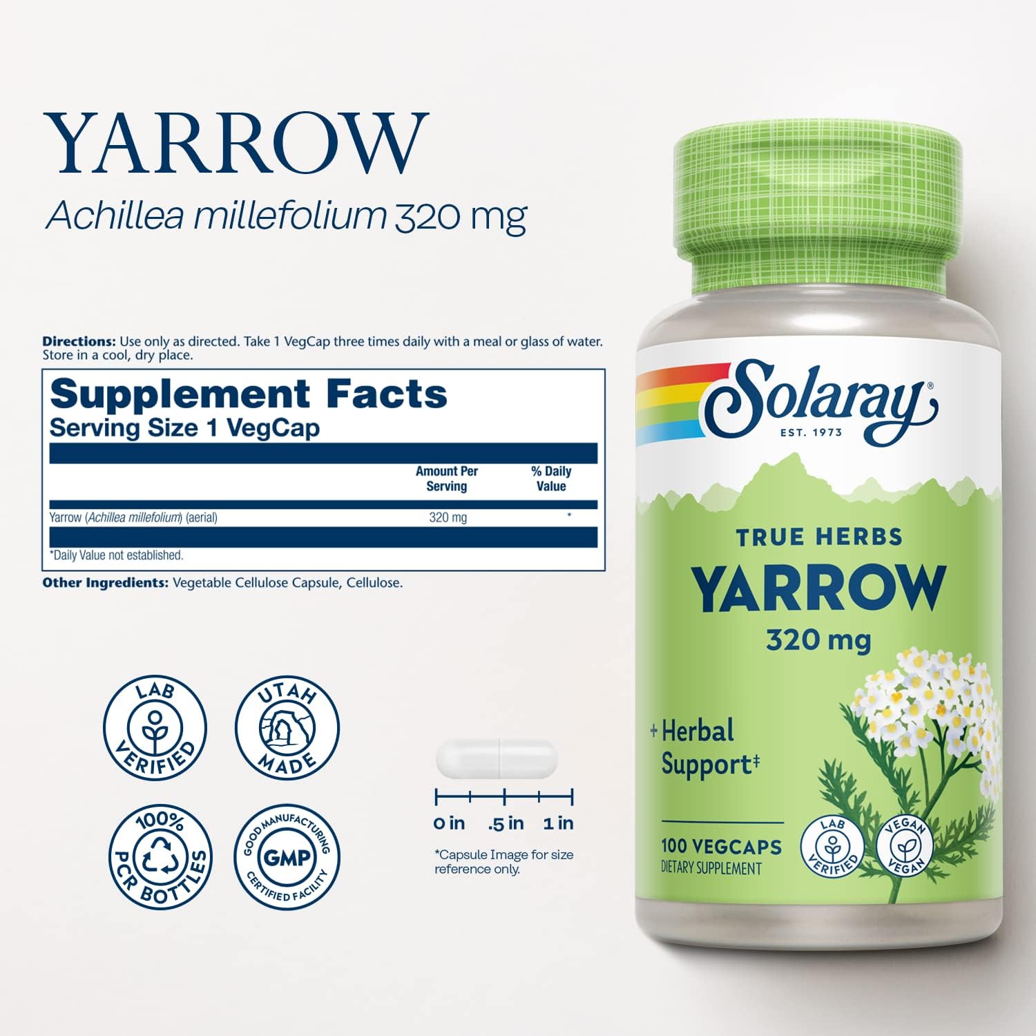 Solaray Yarrow 320mg VegCaps - Herbal Support for Appetite, Digestion, and Comfort - Lab Verified - 100 Servings