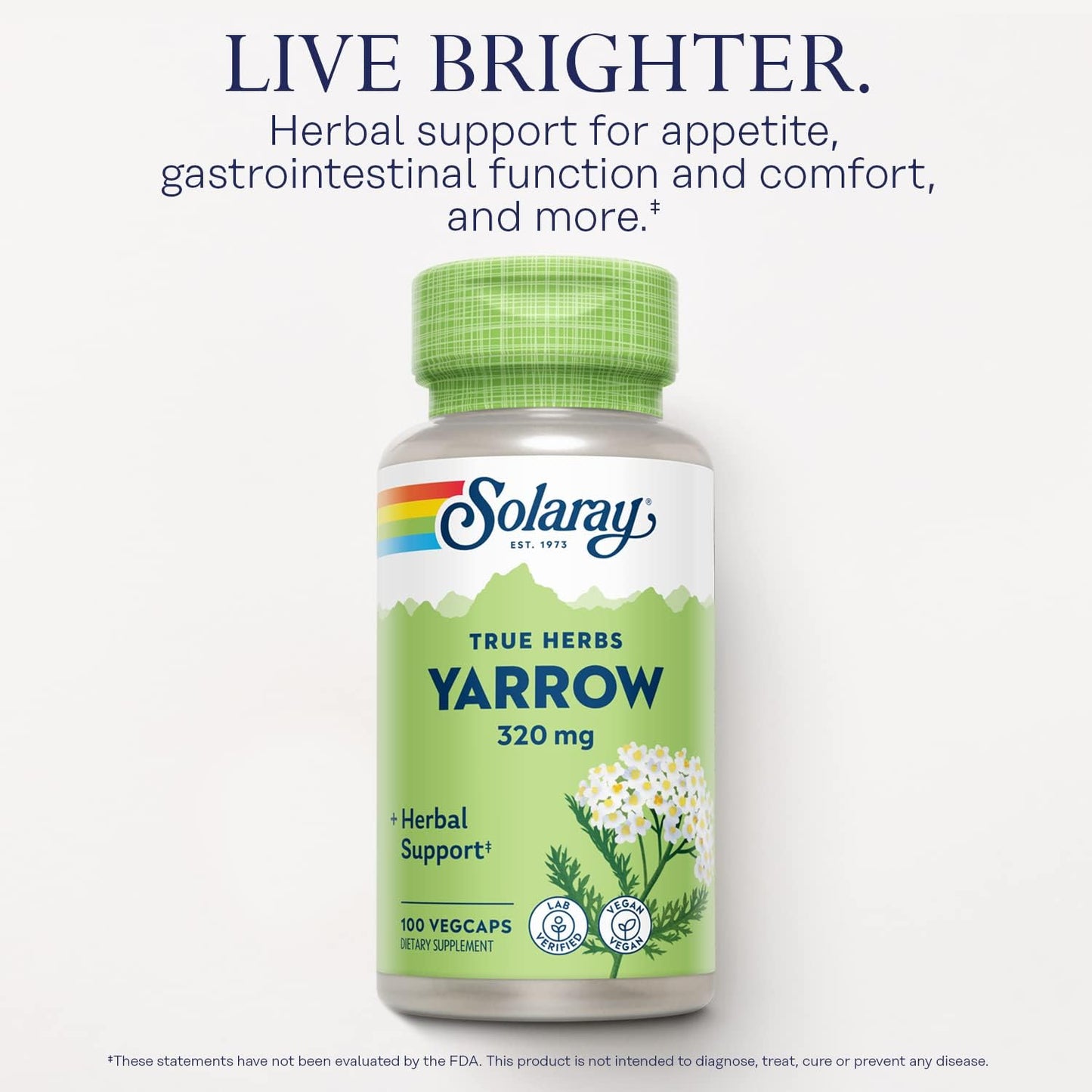 Solaray Yarrow 320mg VegCaps - Herbal Support for Appetite, Digestion, and Comfort - Lab Verified - 100 Servings