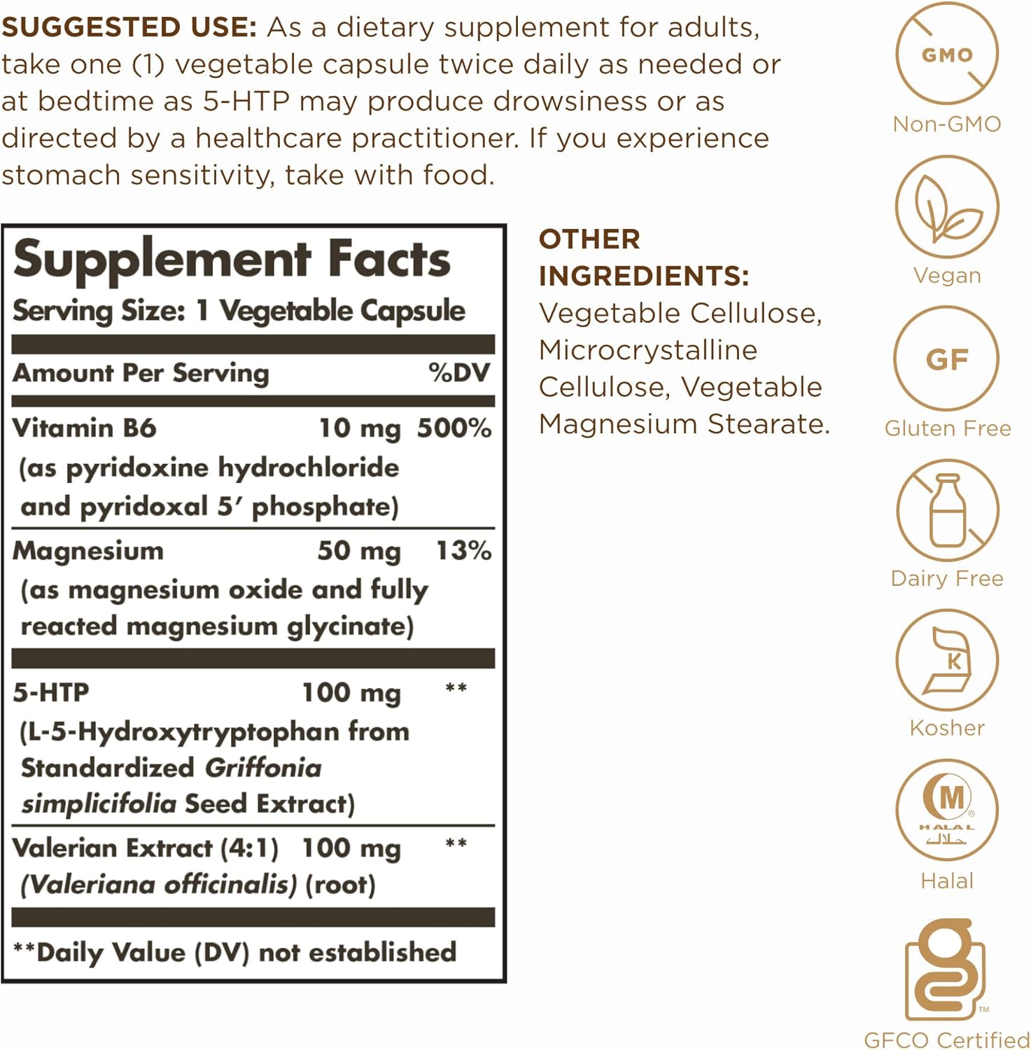 Solgar 5-HTP 100mg Capsules - Supports Relaxation - Non-GMO, Vegan, Kosher, Halal, Gluten-Free - 90 Servings