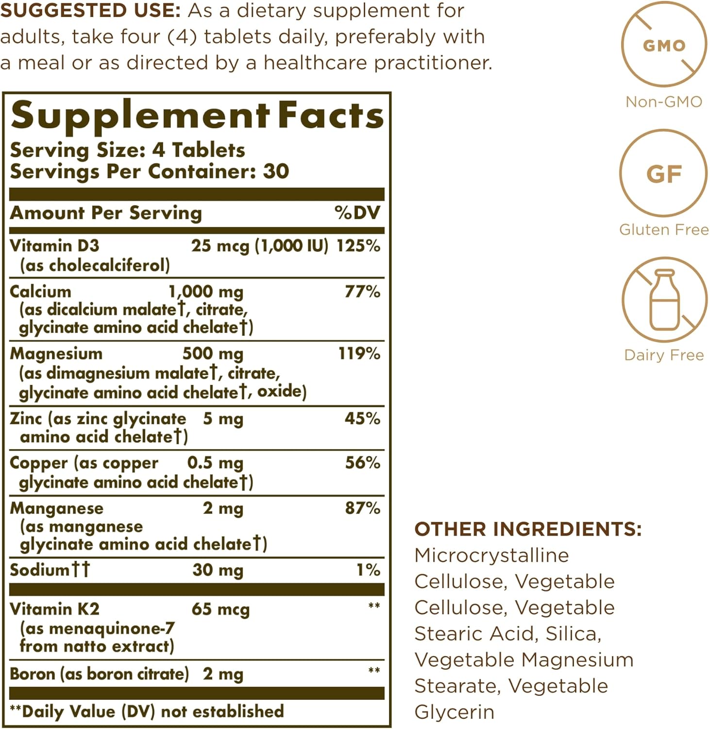 Solgar Advanced Calcium Complex with Zinc, Boron, Vitamins D3 & K2 - 240 Tablets, Non-GMO, Gluten Free, Dairy Free, 60 Servings