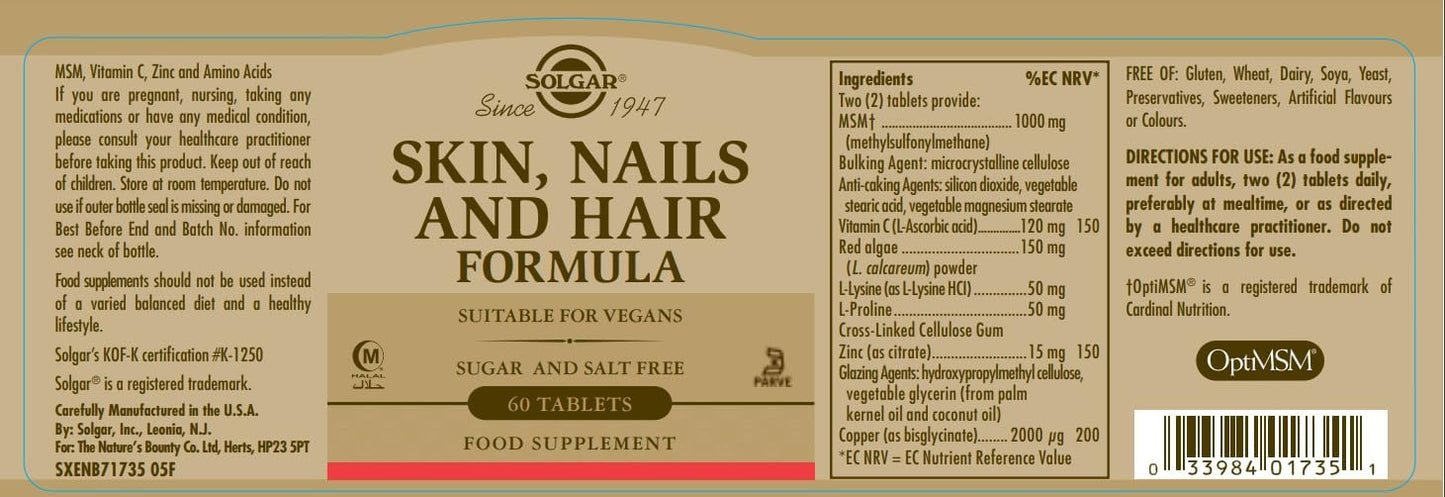 Solgar Advanced MSM Formula for Skin, Nails & Hair - Supports Collagen Health with Zinc, Vitamin C & Copper - 60 Tablets, Vegan & Non-GMO