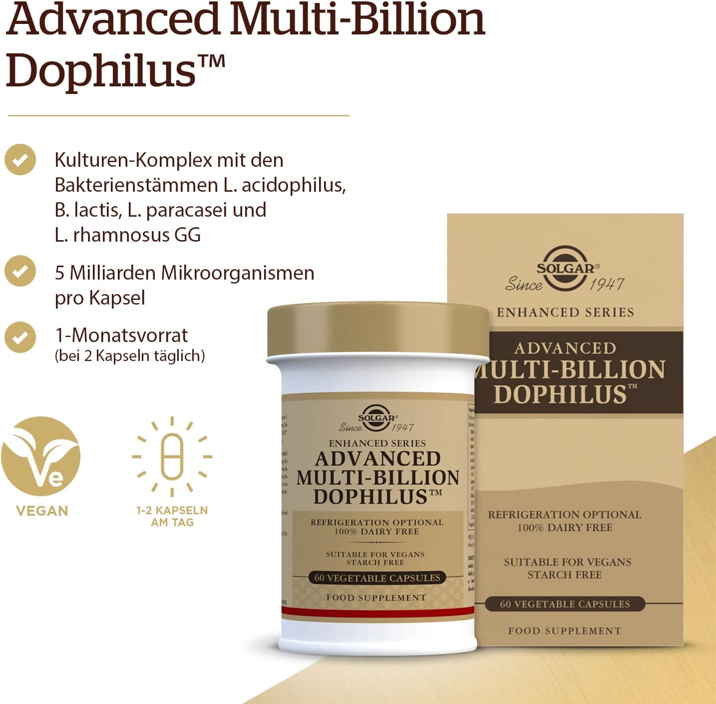Solgar Advanced Multi-Billion Dophilus Capsules - Healthy Intestinal Flora Support - 5 Billion Microorganisms - Gluten, Dairy, Lactose & Milk Free - Vegetarian - 60 Servings