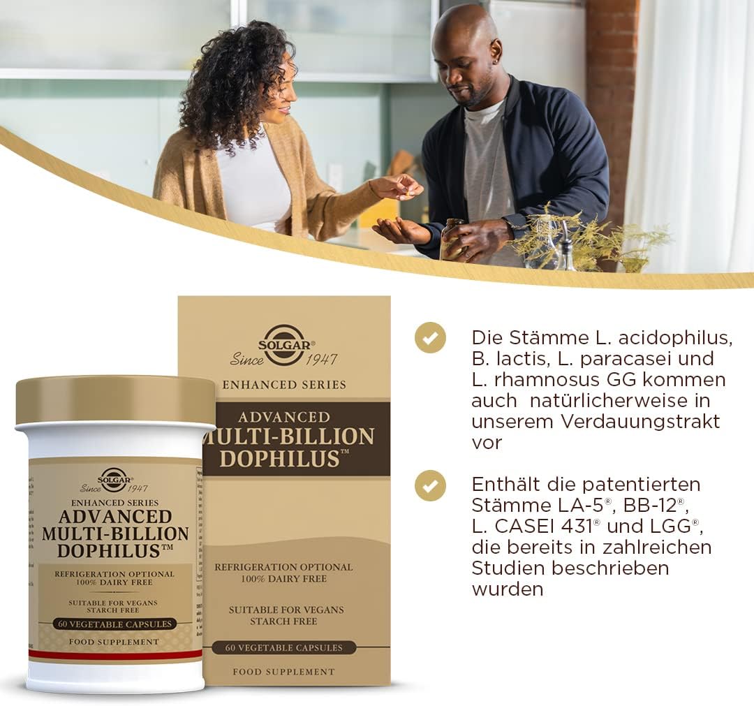 Solgar Advanced Multi-Billion Dophilus Capsules - Healthy Intestinal Flora Support - 5 Billion Microorganisms - Gluten, Dairy, Lactose & Milk Free - Vegetarian - 60 Servings