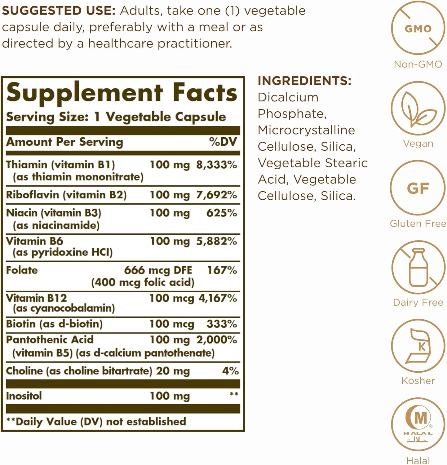 Solgar B-Complex "100" 100 Vegetable Capsules Pack of 2 - Energy Cardiovascular Nervous System Support - Non-GMO Vegan Gluten Free - 200 Servings