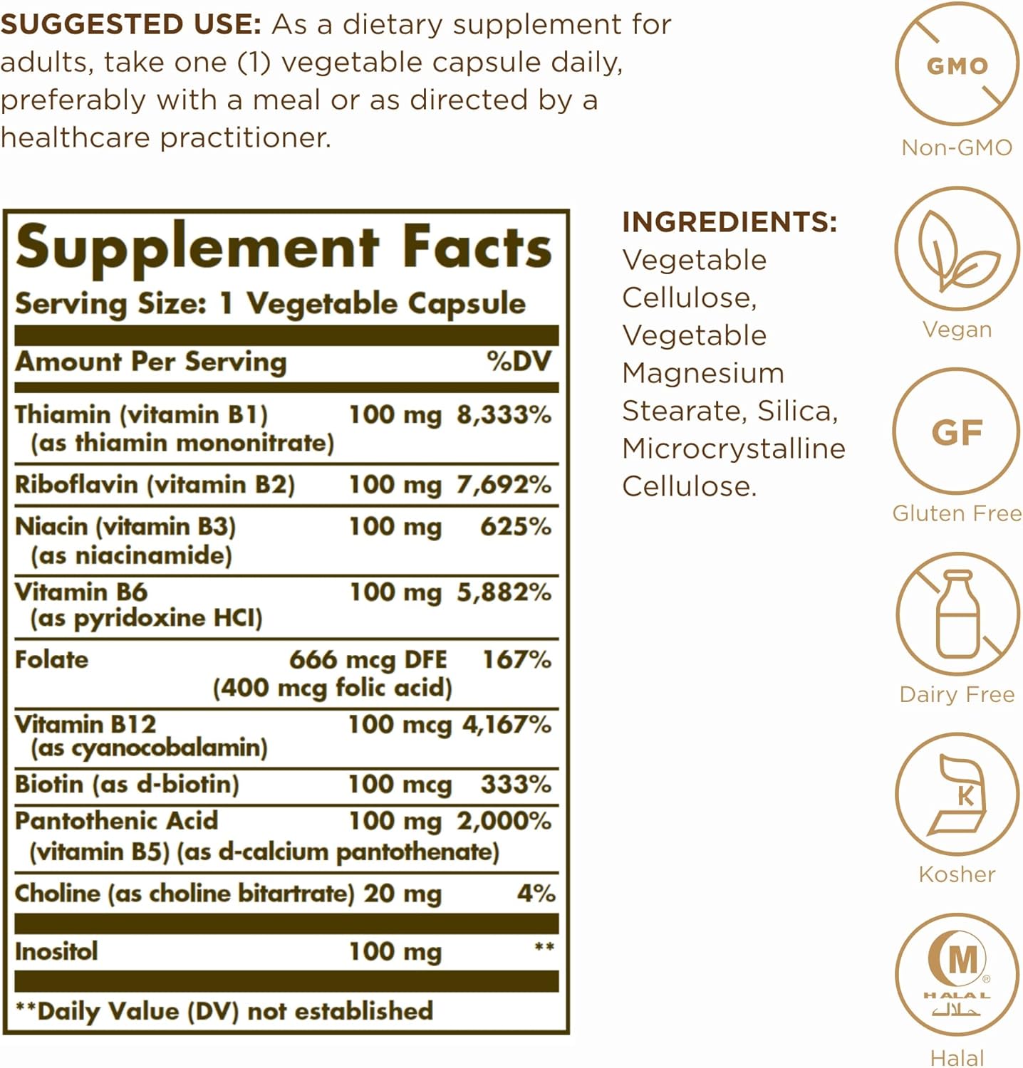 Solgar B-Complex "100" Vegetable Capsules - Supports Energy, Heart Health, Nervous System - Non-GMO, Vegan, Gluten-Free - 50 Servings