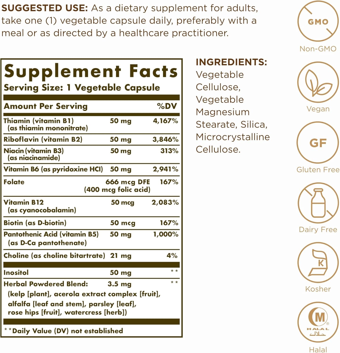 Solgar B-Complex "50" Capsules - Support Energy, Cardiovascular & Nervous System - Non-GMO, Vegan, Gluten Free - 100 Servings