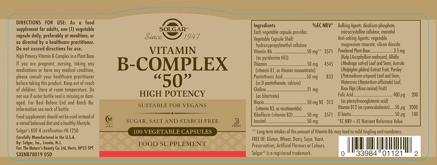 Solgar BComplex “50” Vegetable Capsules - Energy & Cardiovascular Support - NonGMO Vegan Gluten Free - 100 Count