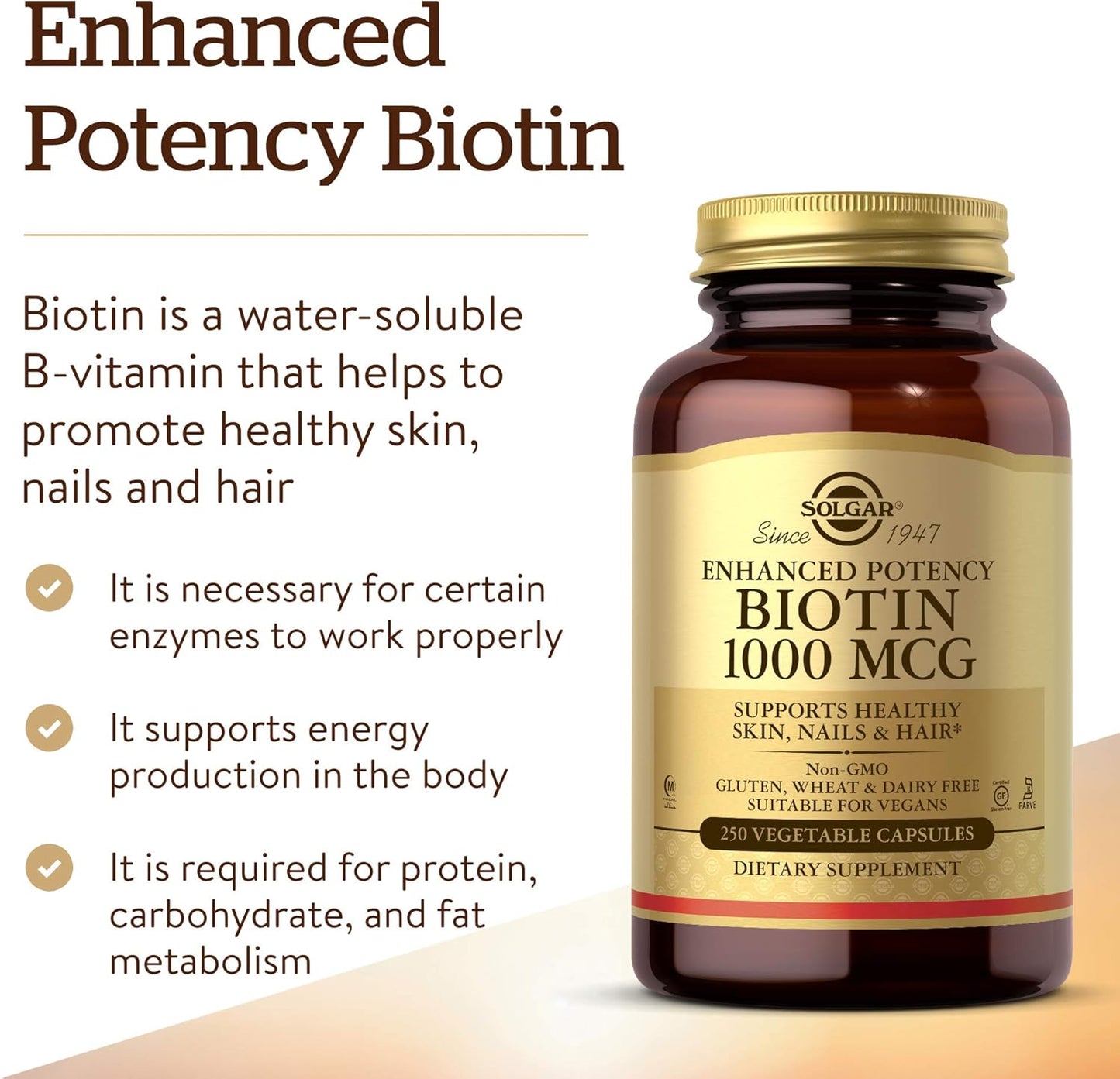 Solgar Biotin 1000 mcg Capsules - Promotes Healthy Skin, Nails & Hair - Energy Metabolism Support - Enhanced Potency - Non-GMO, Vegan, Gluten Free - 250 Servings