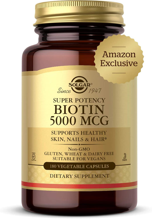 Solgar Biotin 5000 mcg Capsules - Promotes Healthy Skin, Nails & Hair Growth - Boosts Energy & Metabolism - Vitamin B7 Supplement - Non-GMO, Vegan, Gluten-Free - 180 Count Bottle